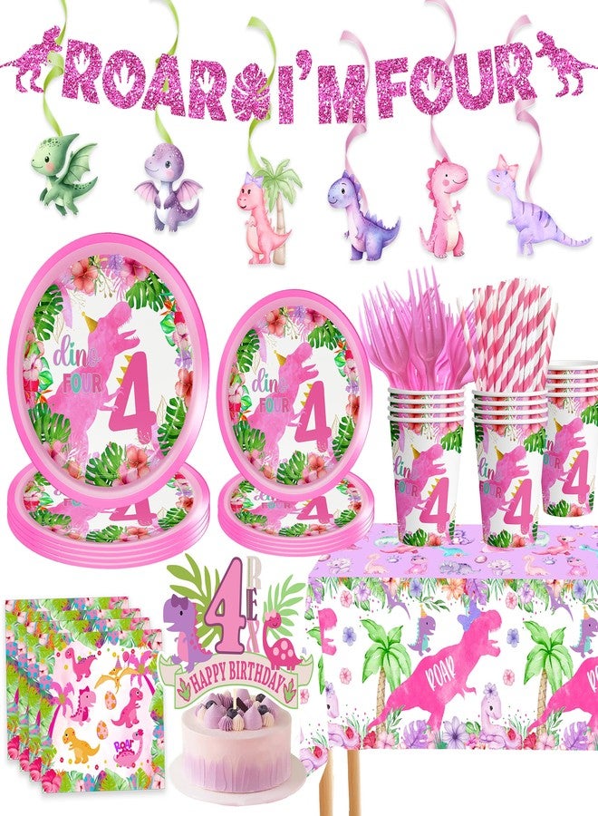 BEOXAGAR Pink Girl Dinosaur 4th Birthday Decorations for Dino-Four dinosaurs girl Birthday Party Tableware Set include Glitter Roar I'm Four Banner Plates Napkins Cups Tablecloth for 4th Girls Party Supplies - Image 1